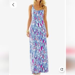 LILLY PULITZER SUMMER BLUE PINK WHITE BOAT DESIGN STRETCHY LONG MAXI DRESS M